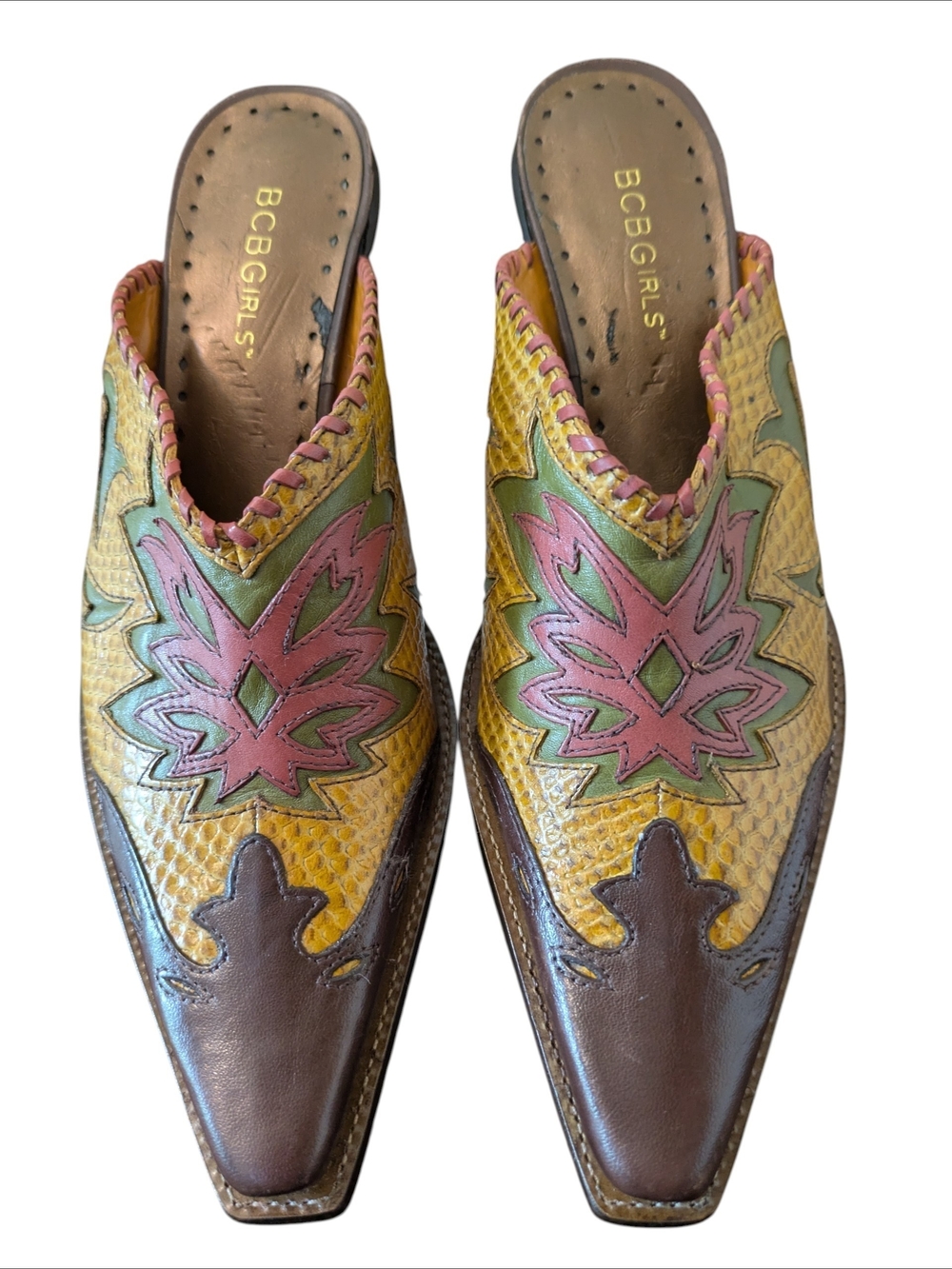 BCBGirls Multicolor Leather Pointed Vintage Mules with Pink & Green Accents